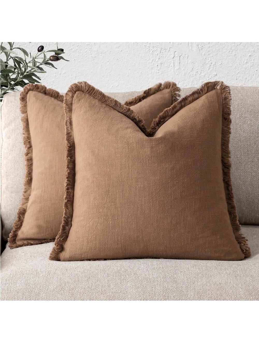 Decorative Linen Fringe Throw Pillow Covers 20×20 Khaki Brown